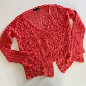 Planet Earth-Coral- Open Front-Tie-Bell Sleeve Cardigan-Boho-Cottage-Feminine-M